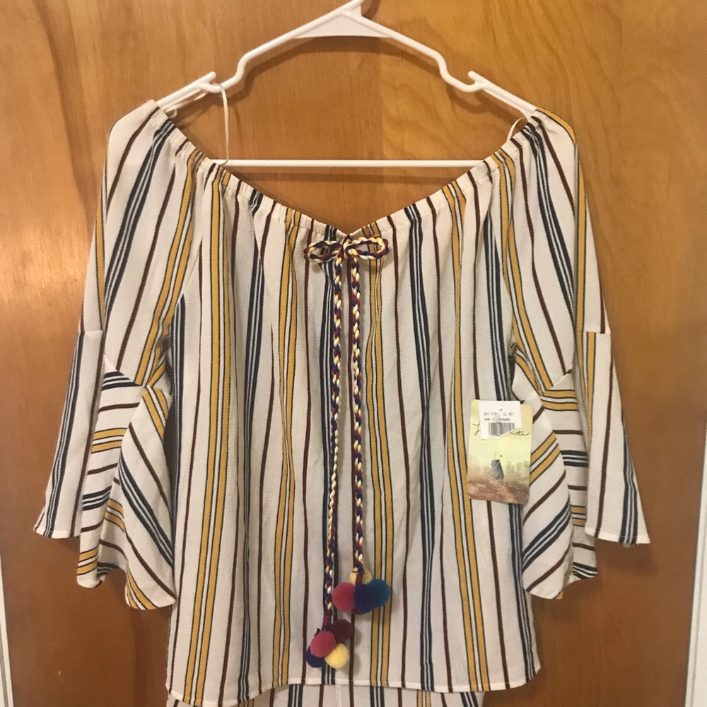 Off the shoulder striped bell sleeve shirt